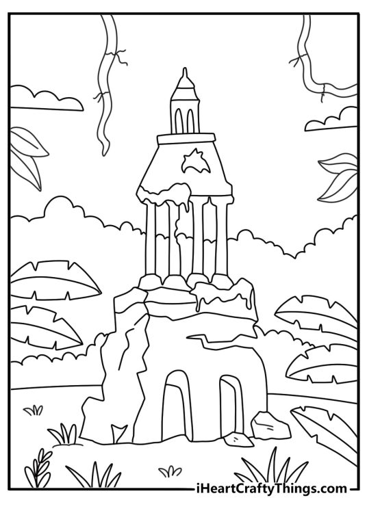 Ancient jungle temple ruins with vines detailed printable coloring page