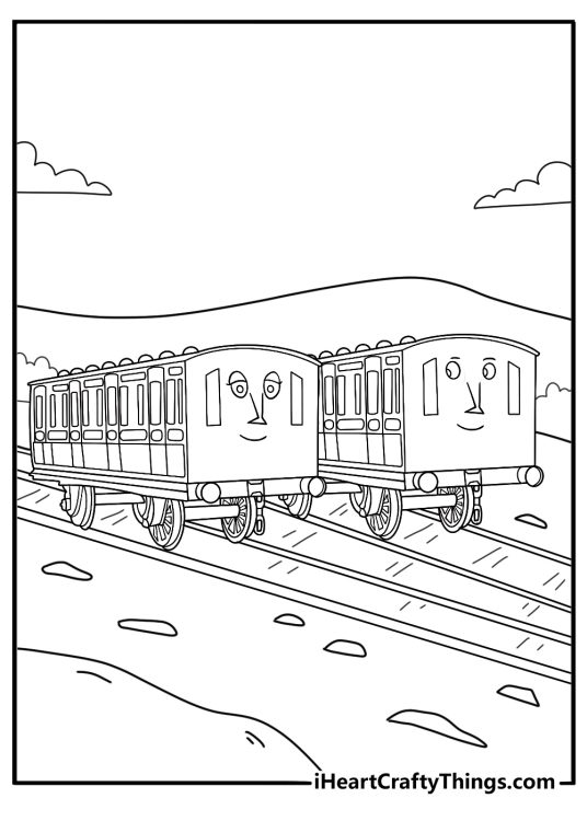 Annie and Clarabel coupled behind an engine near Knapford station coloring sheet pdf