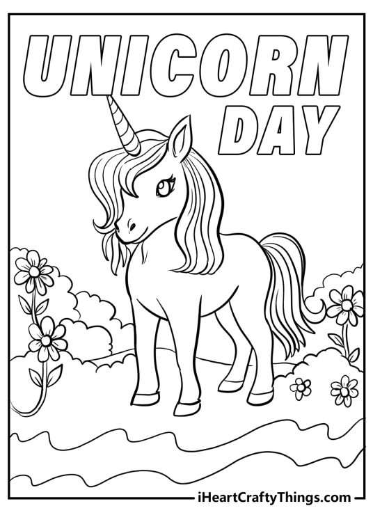April poster to print and color presenting beautiful unicorn with UNICORN DAY phrase above it