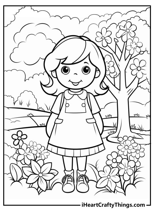 Detailed April coloring sheet featuring happy girl posing outdoors on a lovely spring day