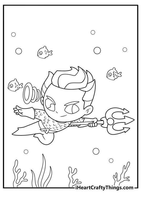 Aquaman kawaii superhero coloring page for preschoolers free download swimming with friendly fish