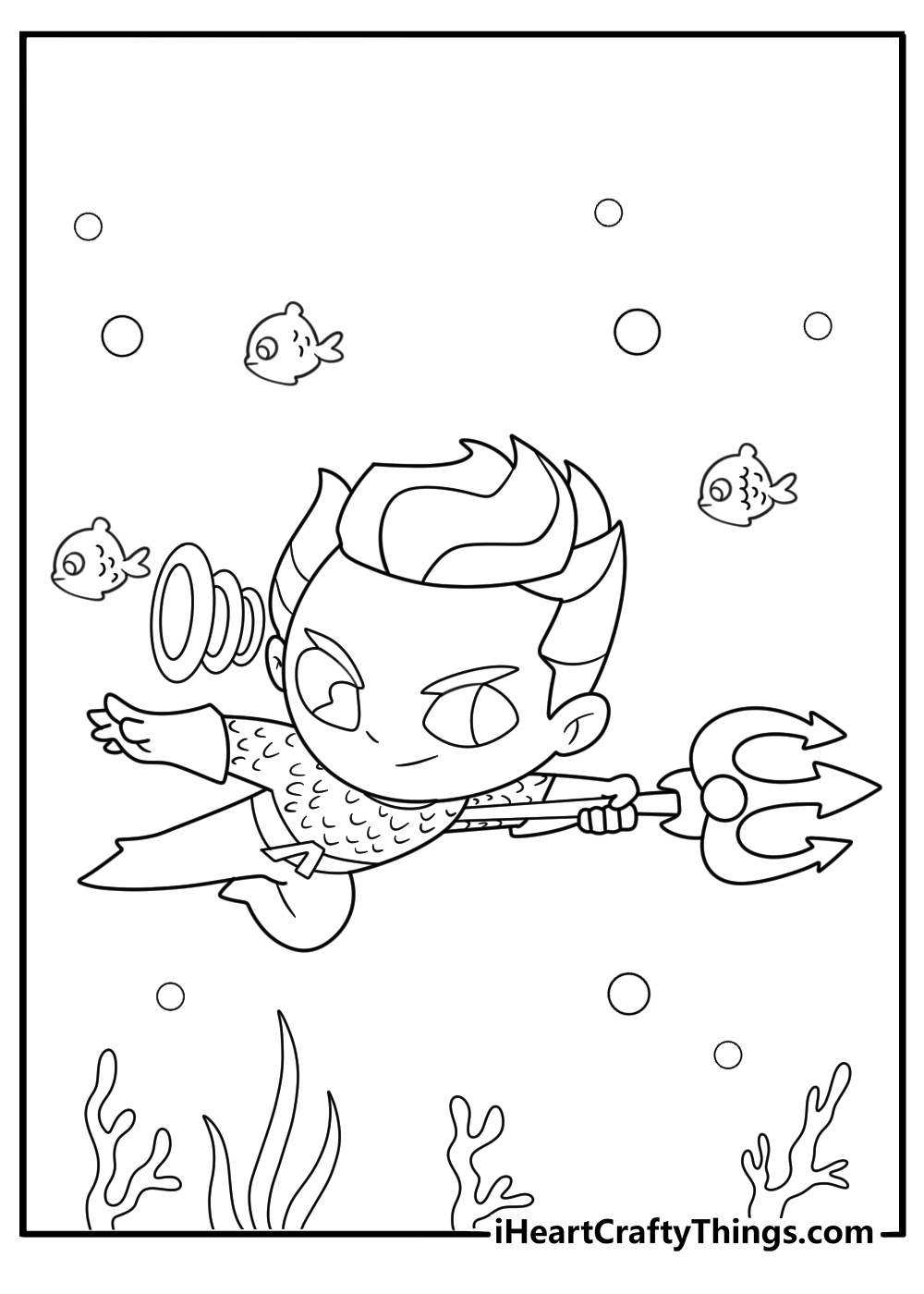 Aquaman kawaii superhero coloring page for preschoolers free download swimming with friendly fish