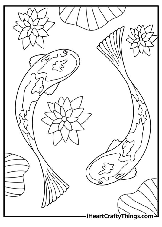 Artistic tattoo coloring page with a koi fish circling lotus blooms