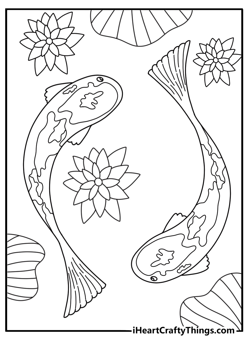Artistic tattoo coloring page with a koi fish circling lotus blooms