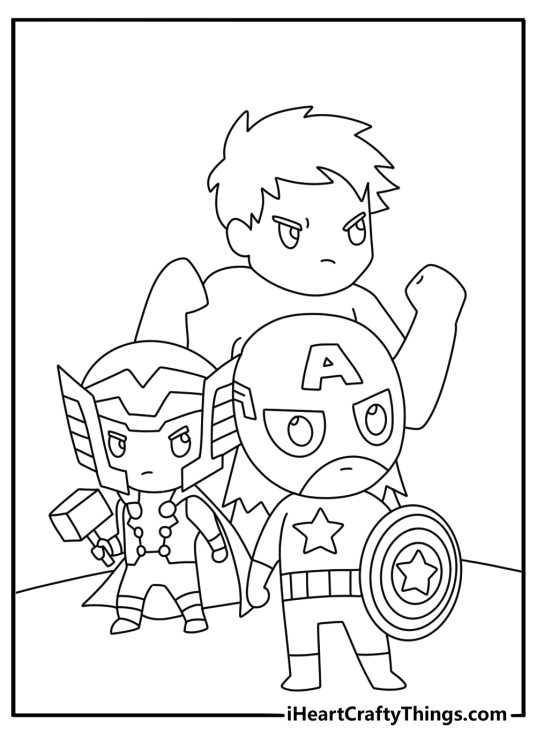 Avengers Hulk coloring page with Hulk beside Captain America and Thor