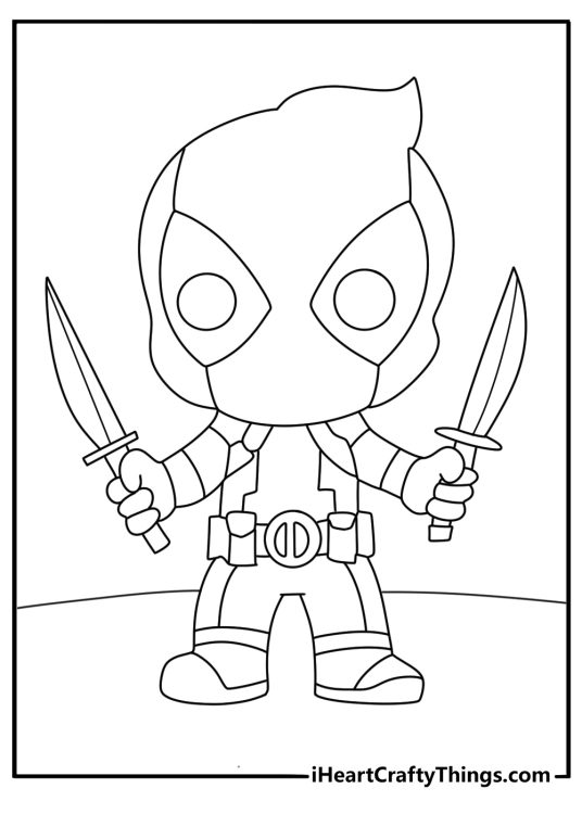 Baby Deadpool coloring pages with a tiny masked hero crawling after a toy sword