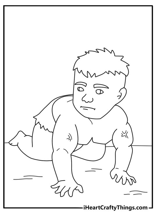 Baby Hulk coloring page with little Hulk crawling in torn shorts