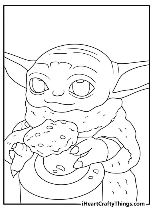 Baby Yoda coloring page for kids with a cookie held in both hands
