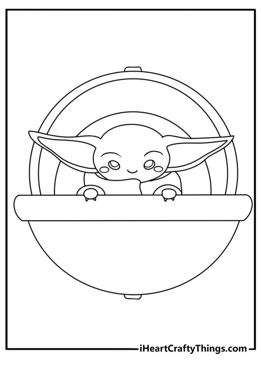 Baby Yoda coloring page showing Grogu inside his floating pram