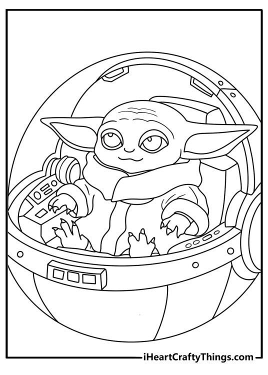 Baby Yoda coloring pages scene featuring a spaceship control panel