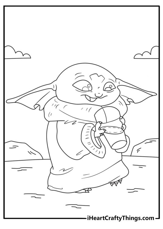 Baby Yoda sits beside a cup of blue milk in this free coloring sheet