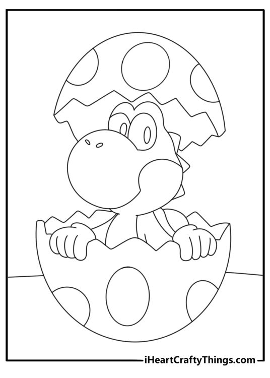 Baby Yoshi hatches from a cracked egg in this cute coloring sheet