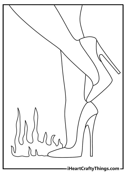 Bad girl female tattoo coloring page with a high heel and flame pattern