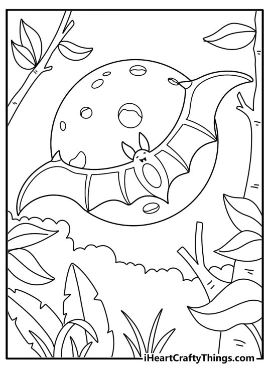 Bats flying under jungle canopy at night printable jungle coloring sheet