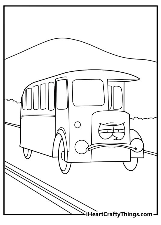 Bertie the bus racing beside the rails on a country road coloring sheet for kids
