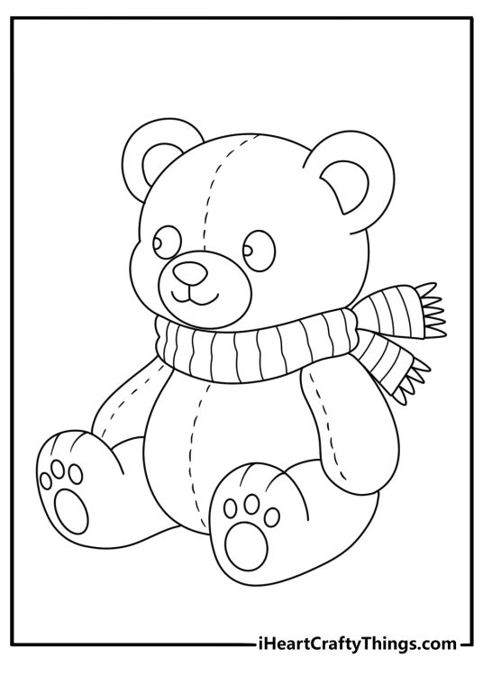Black and white printable drawing for children depicting cute Teddy Bear with a scarf