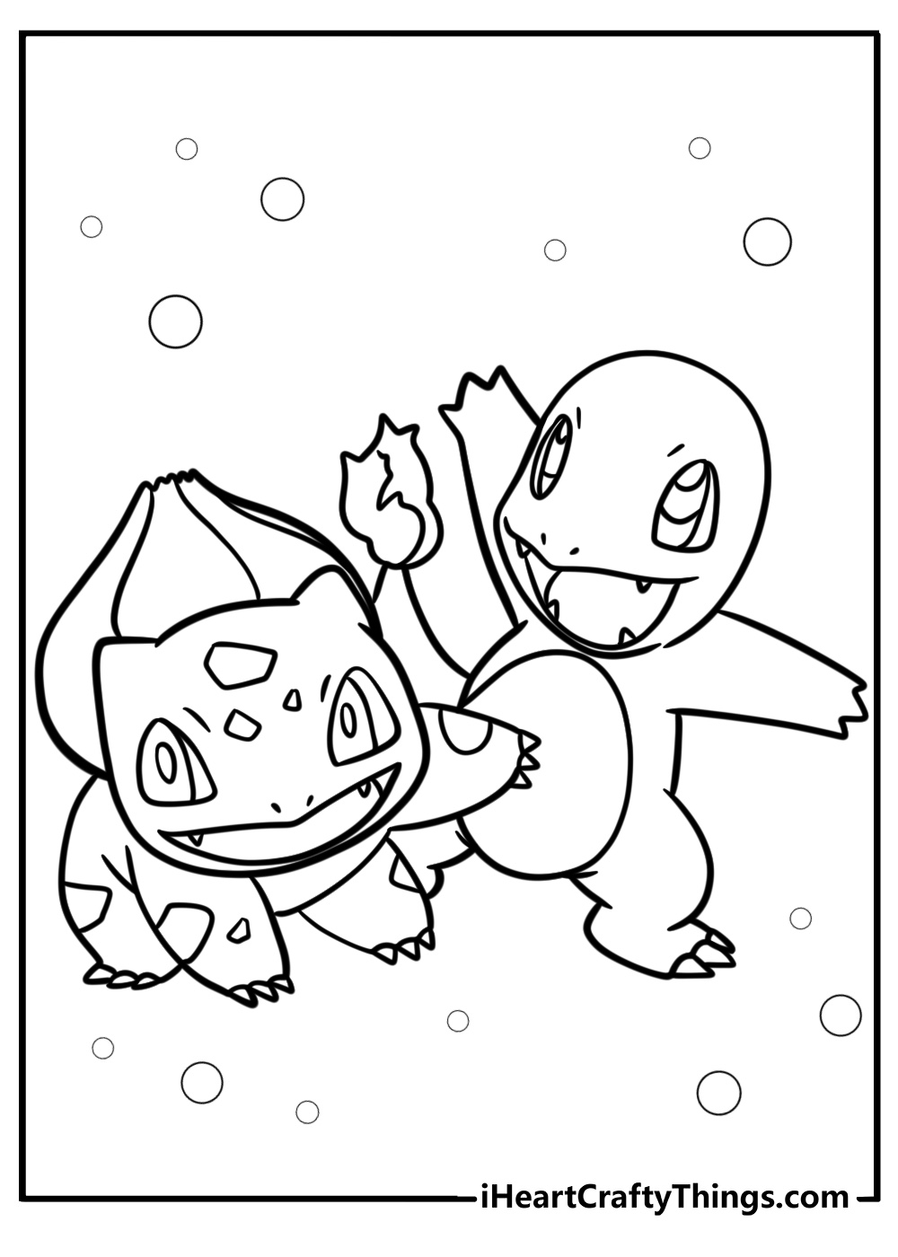 Bulbasaur and Charmander playing detailed coloring sheet