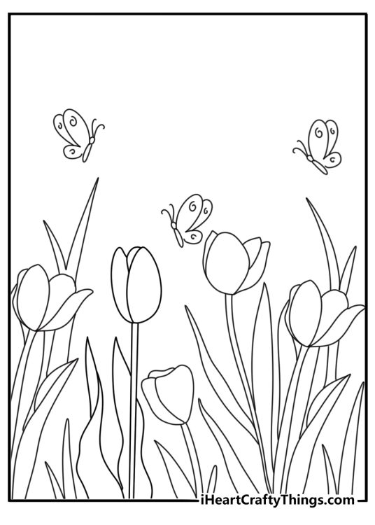 Butterfly garden with mixed tulips and tall grass printable