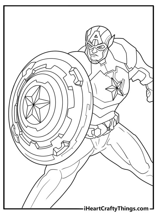 Captain America simple printable coloring page with hero blocking attack using vibranium shield