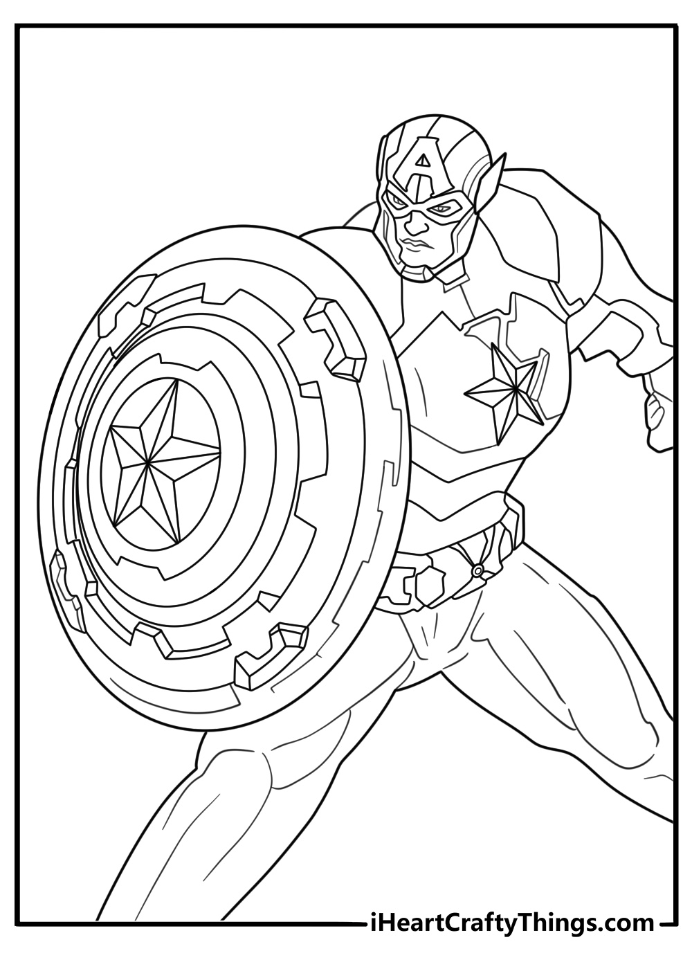 Captain America simple printable coloring page with hero blocking attack using vibranium shield