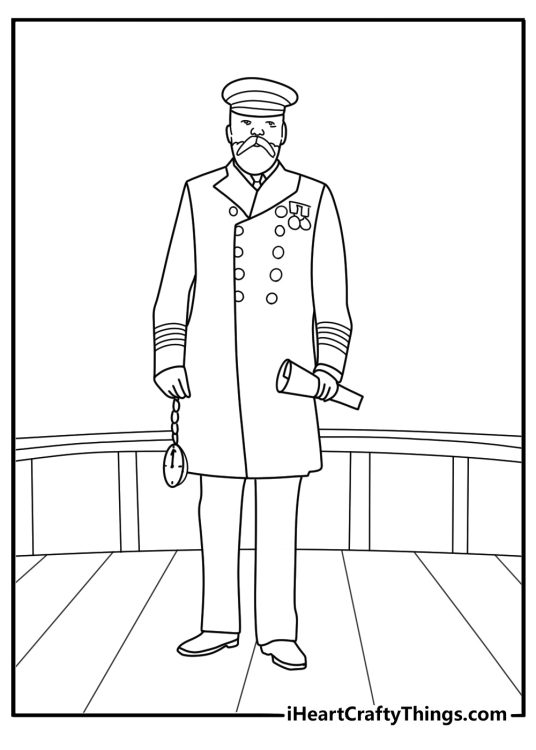 Captain on the bridge with compass and map Titanic easy coloring page for kids