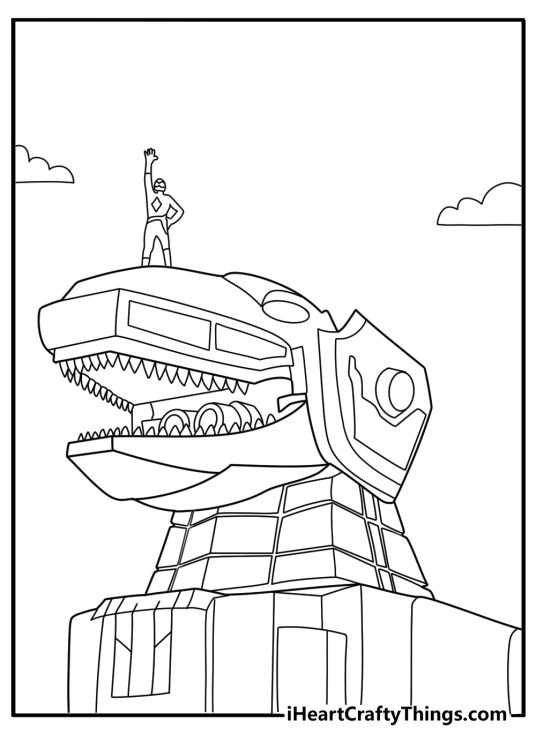 Cartoon Power Ranger driving a Dinozord fun coloring sheet for kids