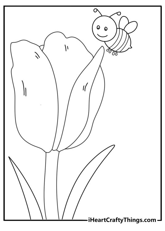 Cartoon bee landing on open tulip fun printable