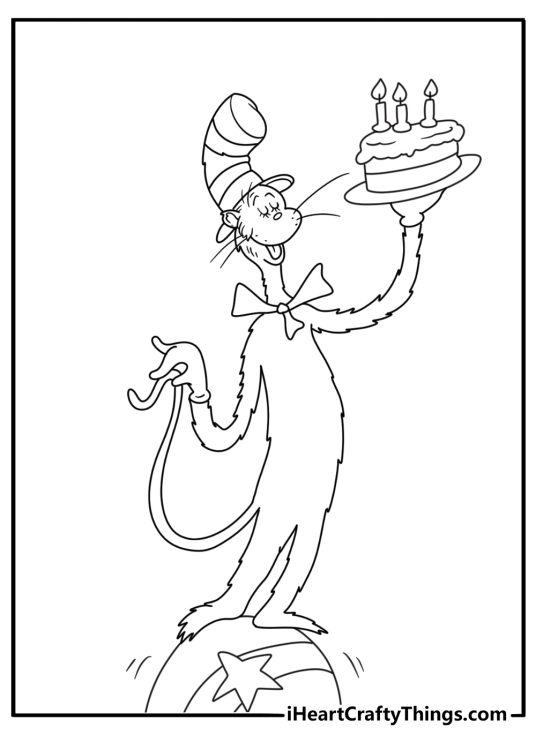 Cat In The Hat coloring page showing the Cat balancing a cake on one hand