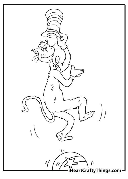 Cat In The Hat coloring pages scene featuring the Cat bouncing on a large ball