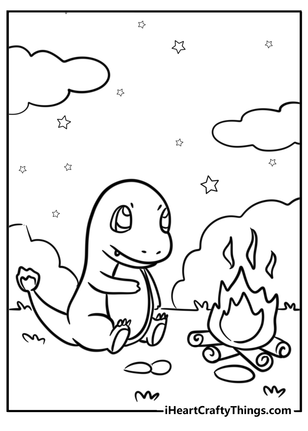 Charmander sitting by a campfire coloring page for kids