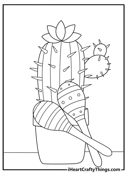 Cinco De Mayo coloring page for preschoolers with maracas beside a cactus