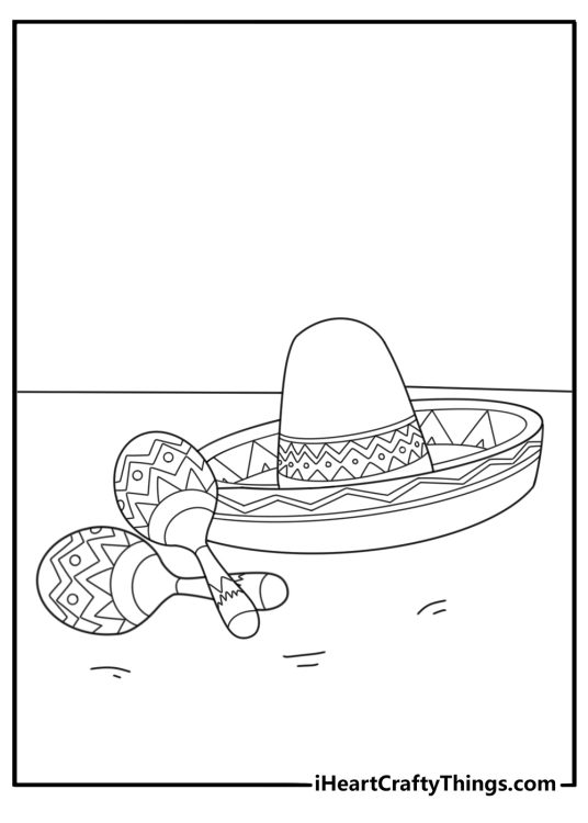 Cinco De Mayo coloring page with a mariachi hat resting beside maracas