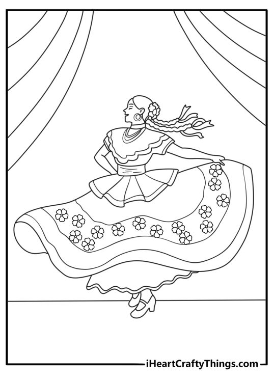 Cinco De Mayo coloring sheets pdf with a dancer twirling in a folklorico dress
