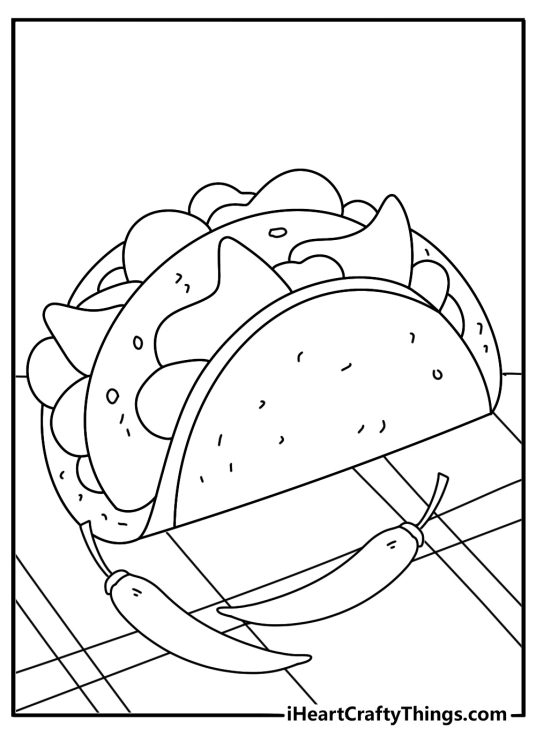 Cinco De Mayo kids coloring pages with a taco and chili peppers on a picnic cloth