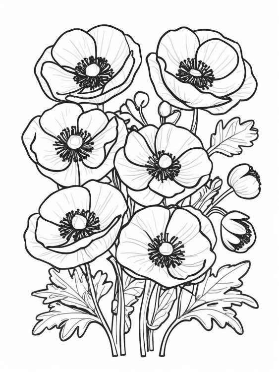 Coloring Sheet Of Poppy Anemones