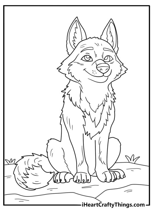 Coloring image of an adult wolf smiling proudly with enormous paws resting on the ground
