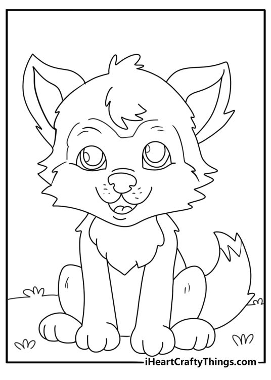Coloring page of a fluffy little wolf pup with a cute tuft of fur on the top of his head