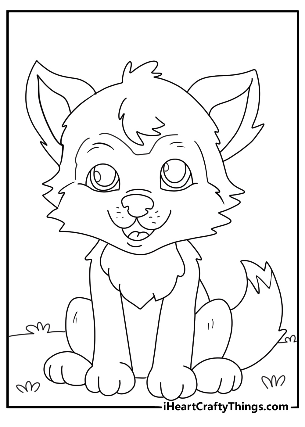 Coloring page of a fluffy little wolf pup with a cute tuft of fur on the top of his head