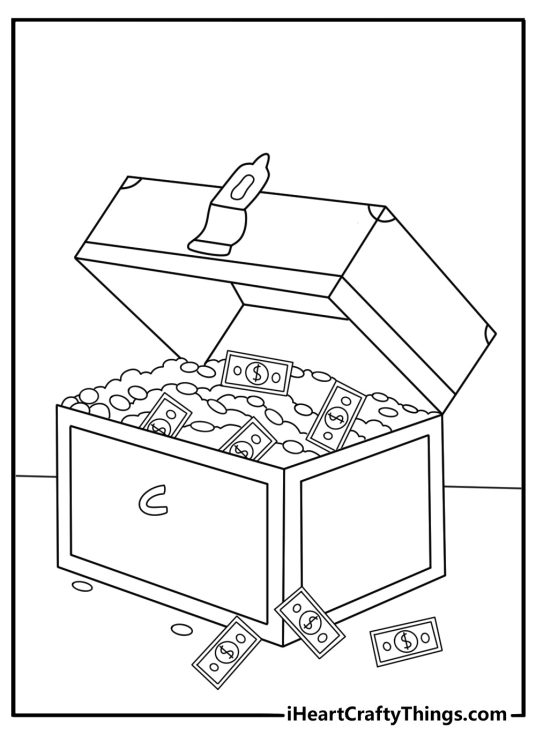 Coloring pages of money with a treasure chest filled with coins and cash