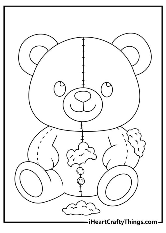 Coloring picture for children featuring ragged Teddy Bear with two buttons on its tummy