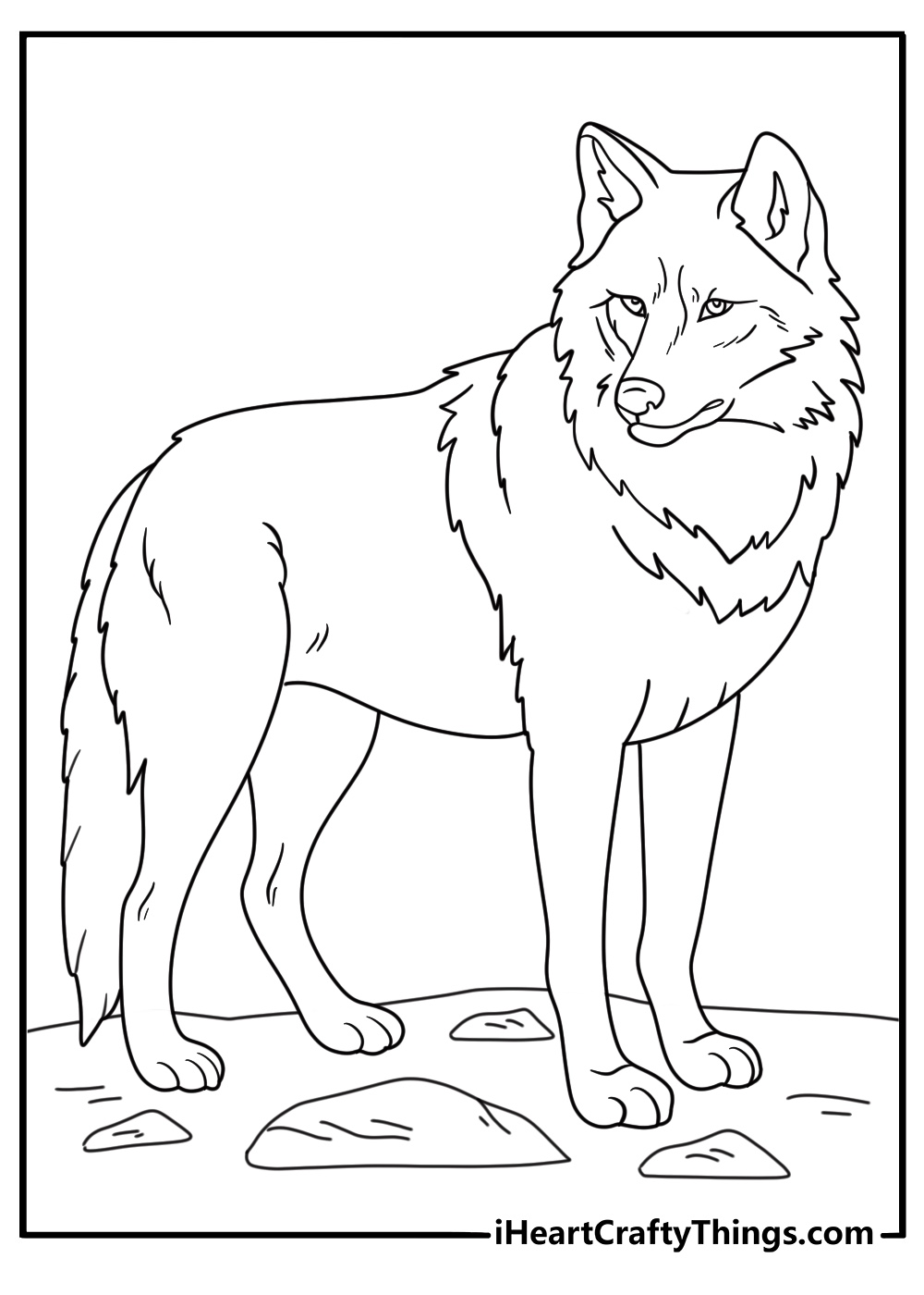 Coloring picture of a wolf presented on a top of a rock jutting out from a cliff