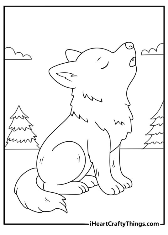 Coloring printable featuring an adorable wolf cub trying its best to do a big howl