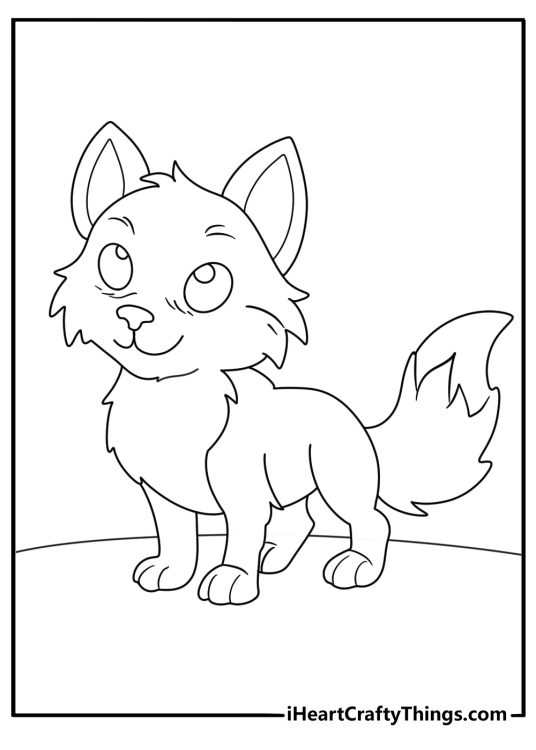 Coloring printable for children of a happy little wolf pup who looks ready to play