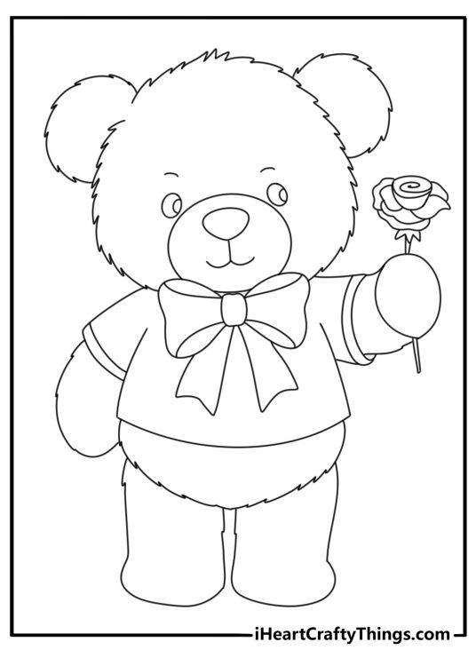 Coloring sheet for kids featuring Teddy Bear with a bow tie holding a rose in his hands
