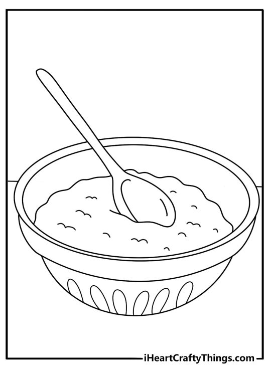 Cookie coloring page with a mixing bowl spoon and cookie dough