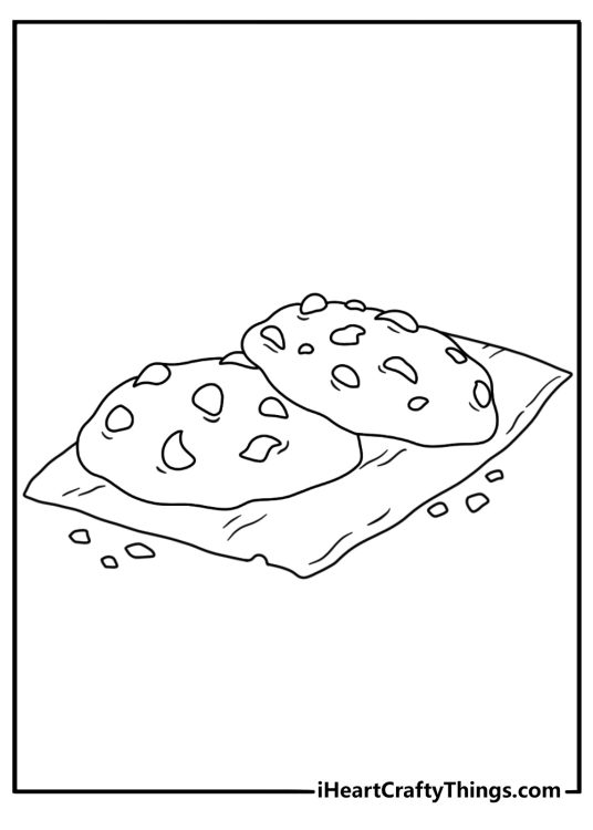 Cookie coloring page with a single chocolate chip cookie on a napkin
