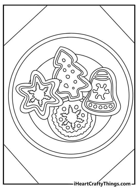 Cookie coloring pages scene with decorated Christmas cookies on a table