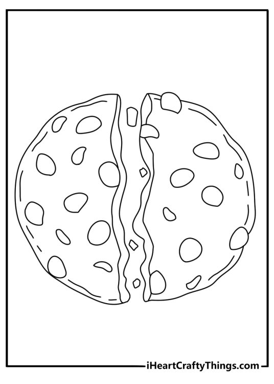Cookie coloring printable with a chocolate chip cookie broken in half