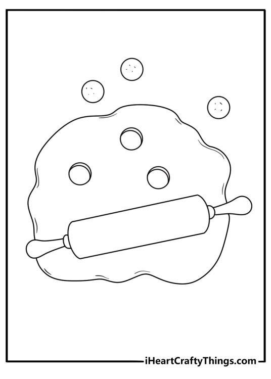 Cookie coloring sheet with a rolling pin and cut out cookie dough