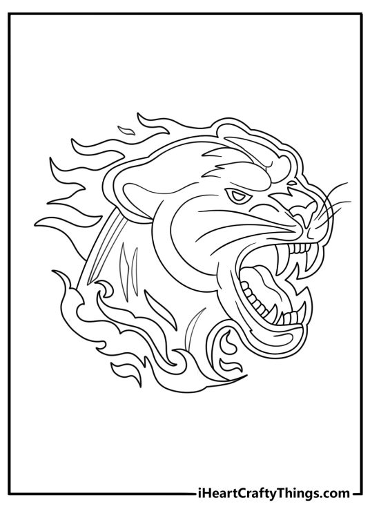 Cool tattoo coloring page with a panther head and bold flames